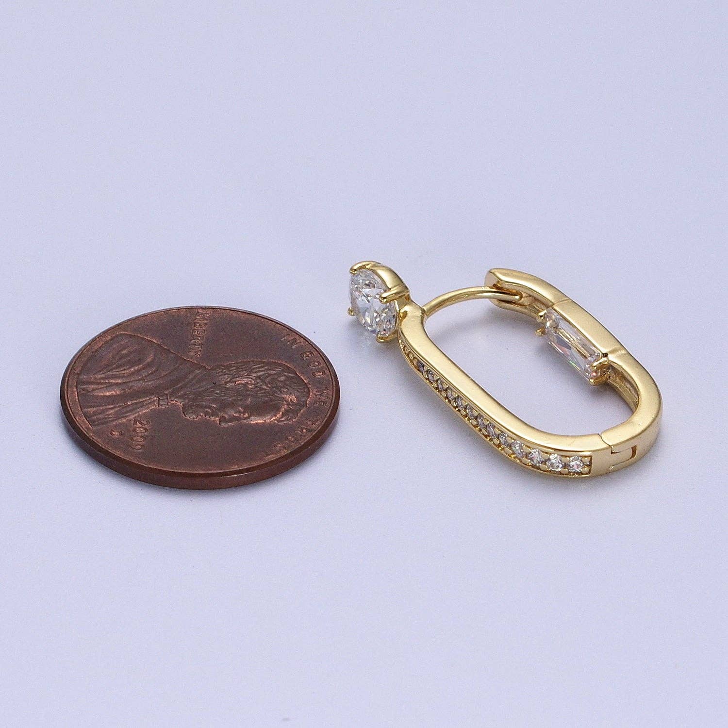 Aim Eternal - Wholesale Huggie Earrings - 14K Gold Filled Micro Paved Round Baguette CZ Two Sided Oblong Huggie Earrings | V0213