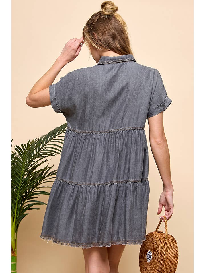 TIERED BUTTON DOWN DENIM DRESS for wholesale on Faire9