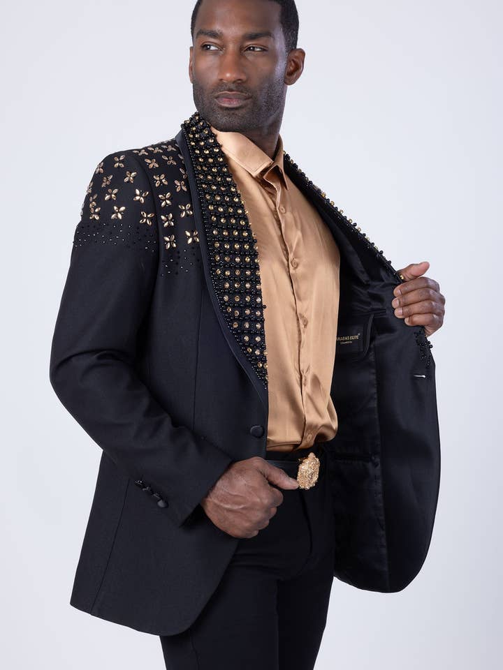 BARABAS - Wholesale Blazer - Men's - Men's Floral Rhinestone Shawl Lapel Blazer 4EBL4617