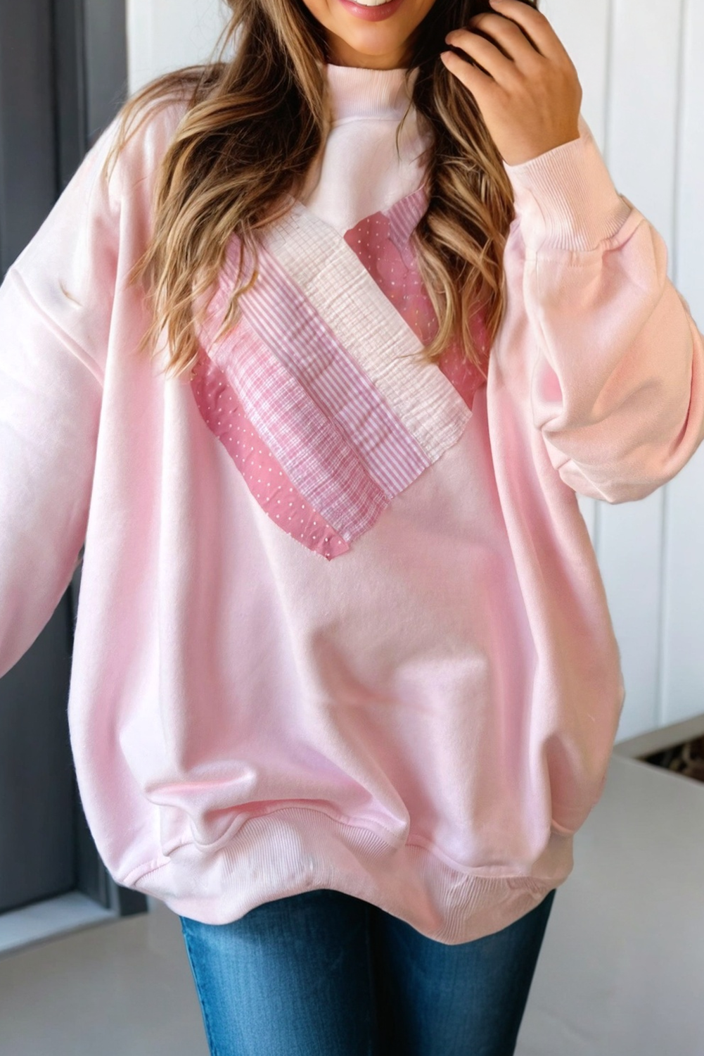 Pink LAS Sweetheart Patchwork Oversize Sweatshirt (S-XL) for wholesale on Faire1