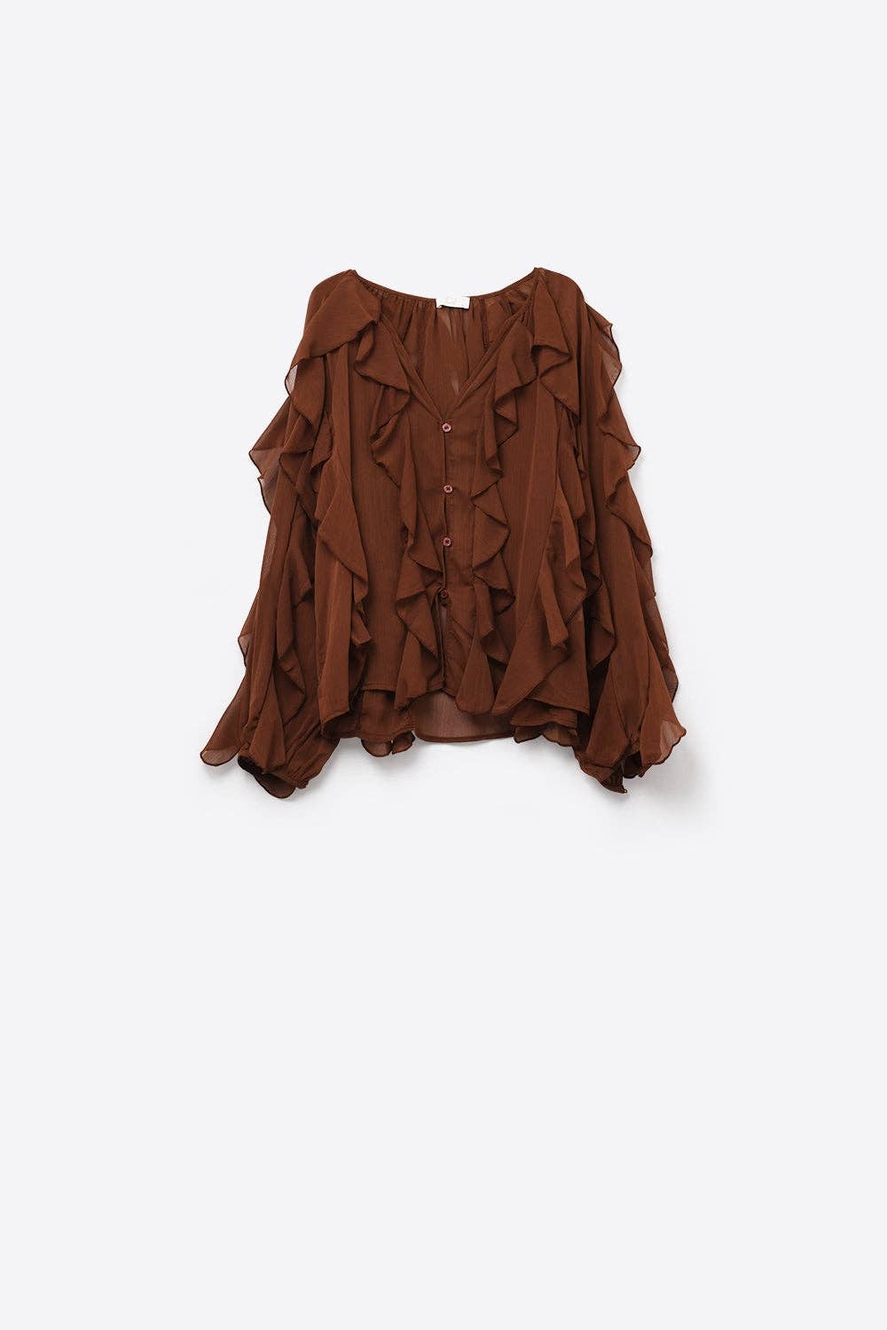 Brown V-Neck All Over Ruffle Blouse for wholesale on Faire6