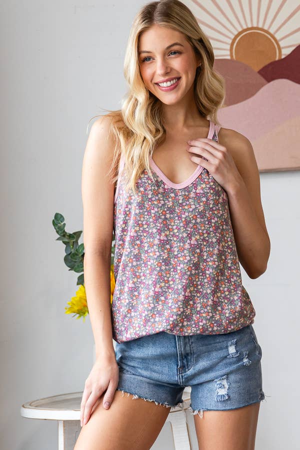 7th Ray - Venta al por mayor Camiseta sin mangas - Mujer - TOP DE TIRANTES CON ESCOTE EN V Y CONTRASTE SÓLIDO FLORAL DITSY T594913