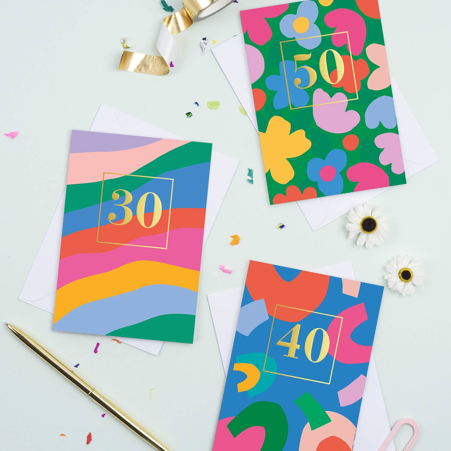 Mifkins – wholesale Birthday card – Vibrant Striped 30th Birthday Card with Gold Foil Number2