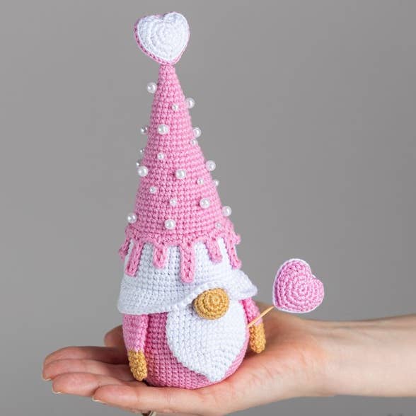 Crochet Pink Gnome with Heart, Plush Toy, Valentine Day Gift for wholesale by Anh2 LTD