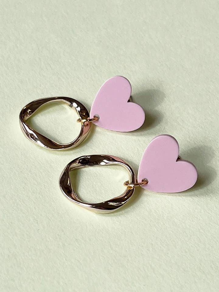 Pink Heart Irregular Mini Hoop Drop Earrings for wholesale by Aloë Earrings