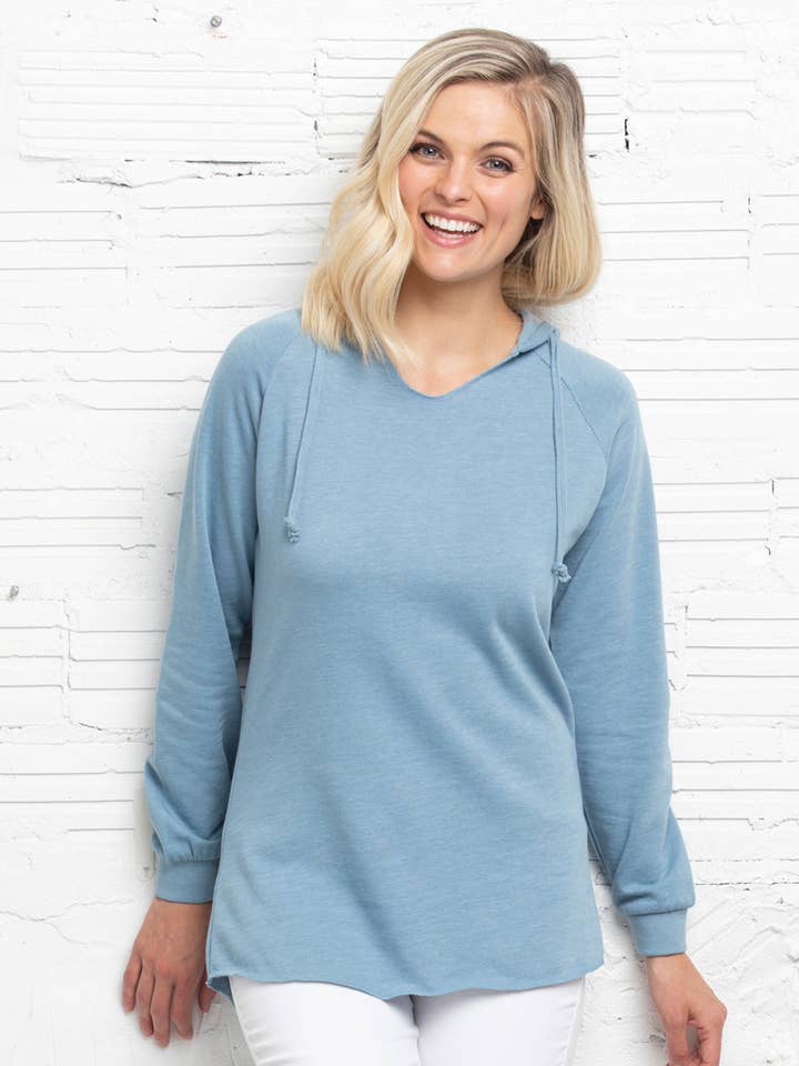 Mad Love Shop - Wholesale Hoodie - Women's - Sage Green Fleece V-Notch Beach Pullover Hood w/ Evergreens1