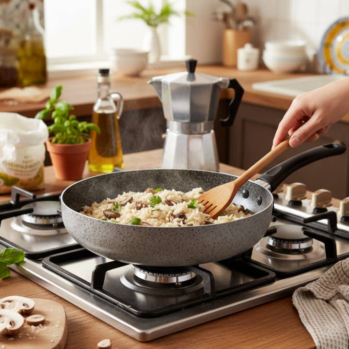 Saltapasta antiaderente maneggevole alluminio con un manico lungo PFOA free antigraffio pratica cottura veloce made in italy per la vendita all'ingrosso da parte di Mamù Cookware