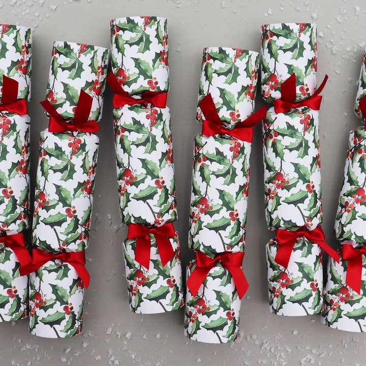 GREEN HOLLY LUXURY CHRISTMAS CRACKERS for wholesale by Nancy & Betty Studio