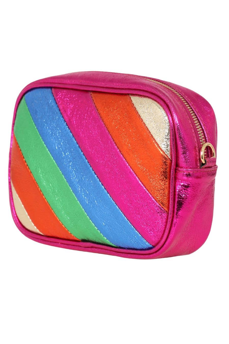 Sarta Pelle – wholesale Crossbody bag – Women's – Fuchsia Rainbow Metallic Striped Italian Leather Camera Bag1