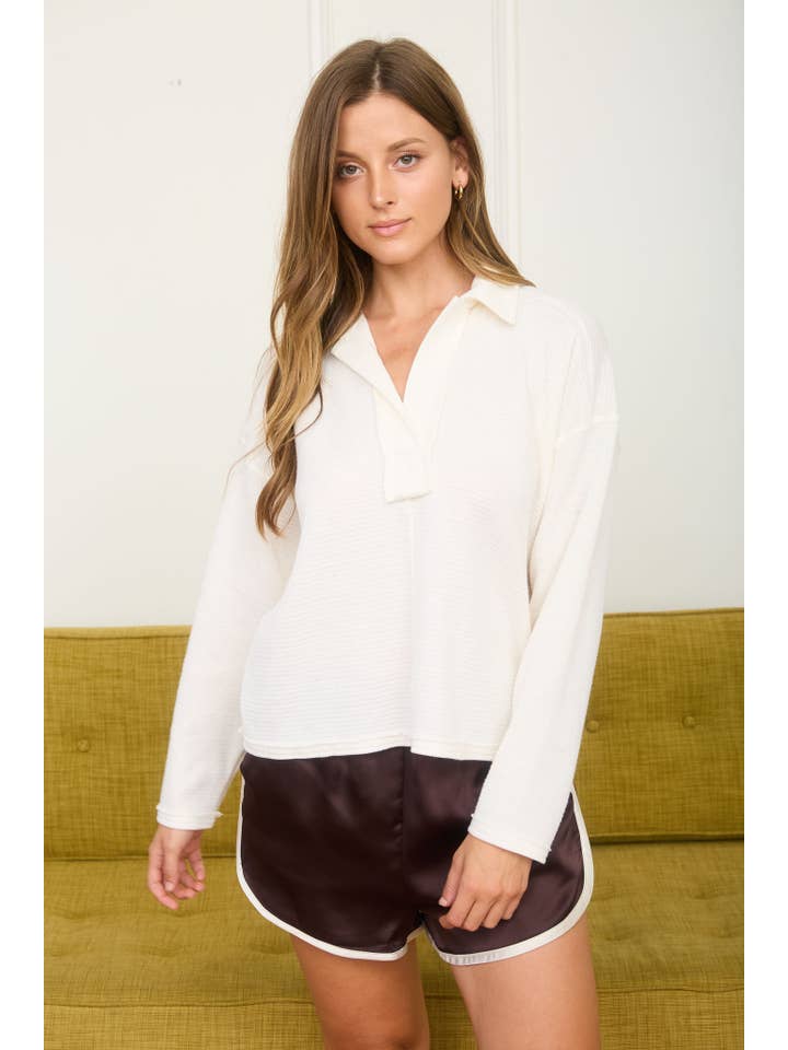 J.O.A - Wholesale Knit Top - Women's - EXPOSED SEAM LONG SLEEVE TEXTURED KNIT POLO29