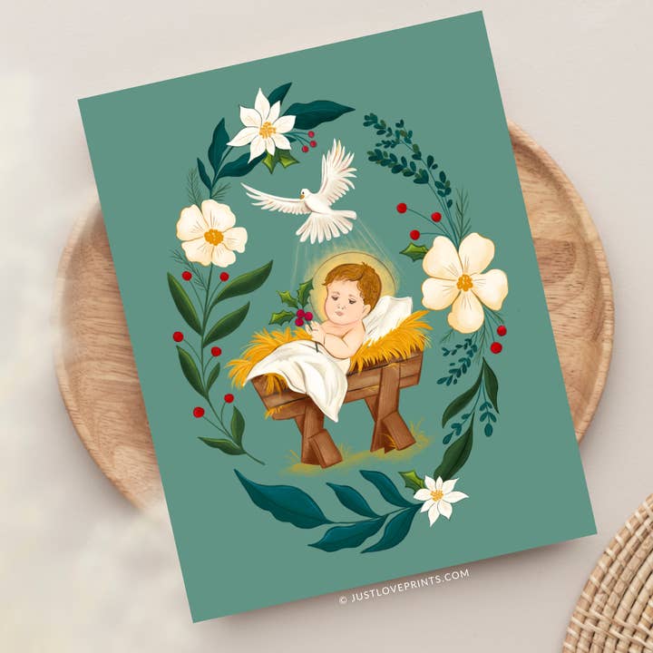 Baby Jesus Christmas Card for wholesale by Just Love Prints - Catholic Stickers & Gifts