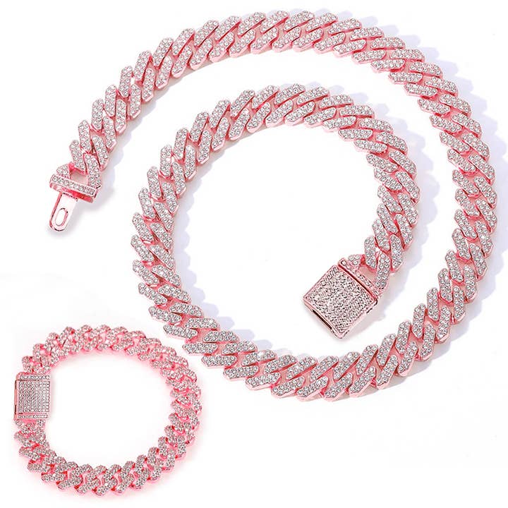 Collier et bracelet en or rose Iced Out sertis de pierres blanches (12 mm) pour la vente par EMESLY