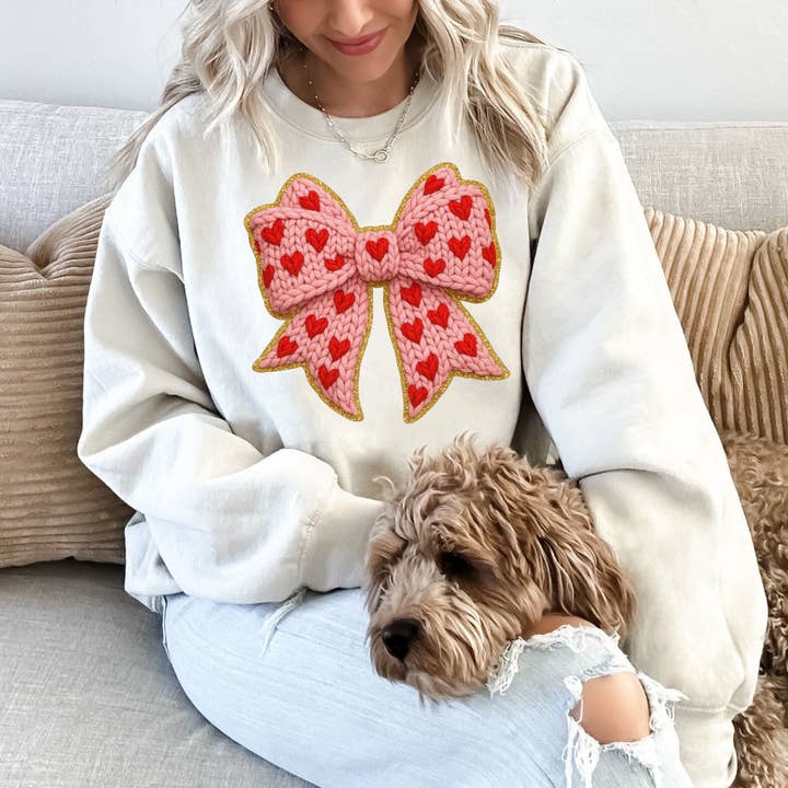 Valentine Knit Bow with Hearts Crewneck, Graphic Sweatshirt for wholesale by Patty B’zz