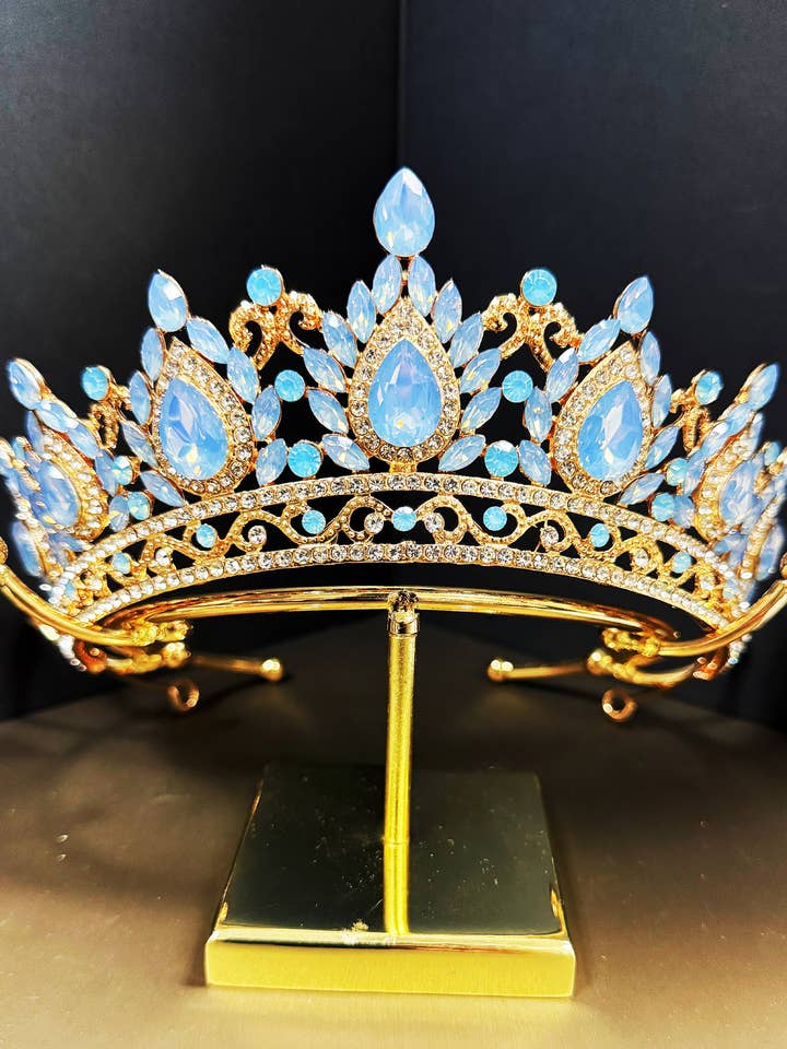 Gold Crystal Tiara, Princess Crown, Wedding Cream Blue Tiara for wholesale by Happy Dream Gifts