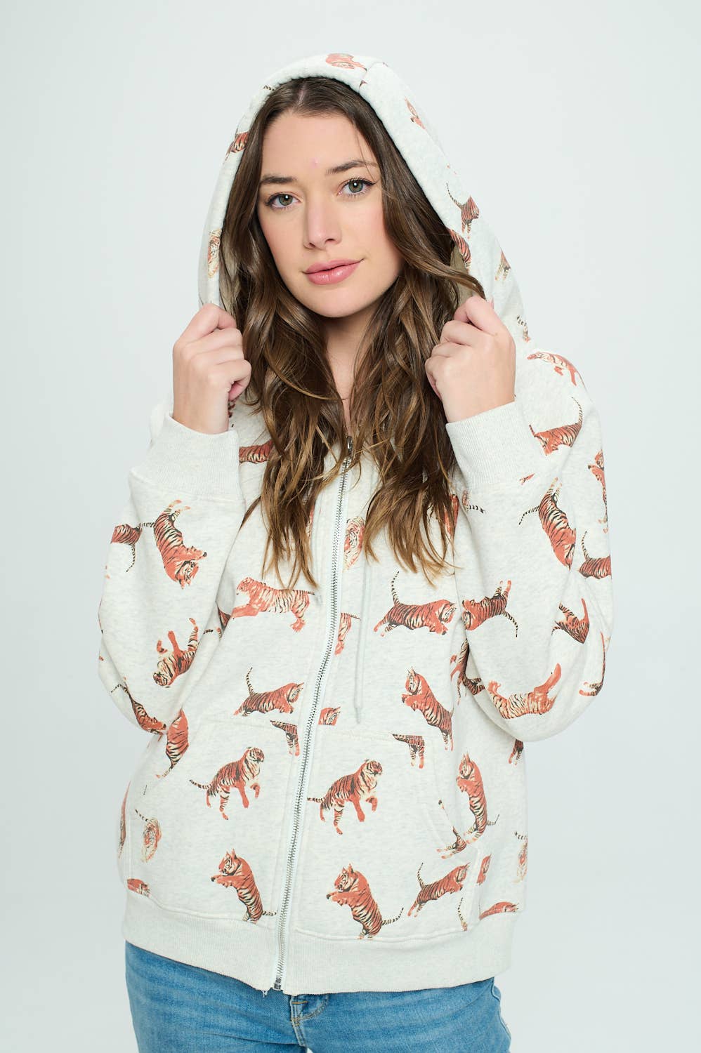 SM WARDROBE – Hoodie – Mulher por atacado – TIGRE ALL OVER PRINT ZIP UP CAPUZ1