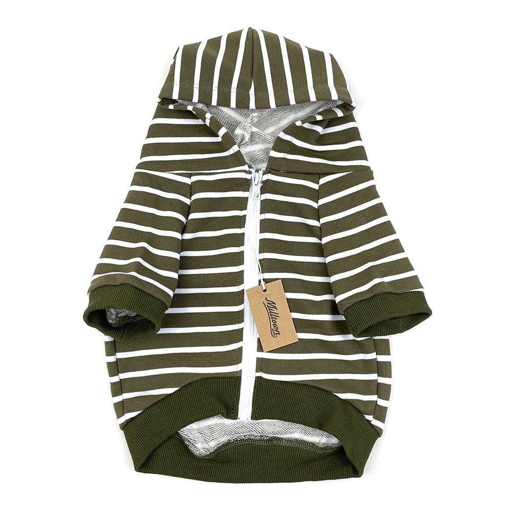 Milltown Brand - Wholesale Pet Hoodie - Dog - Zip Up Dog Hoodie  - Olive x White Stripe0