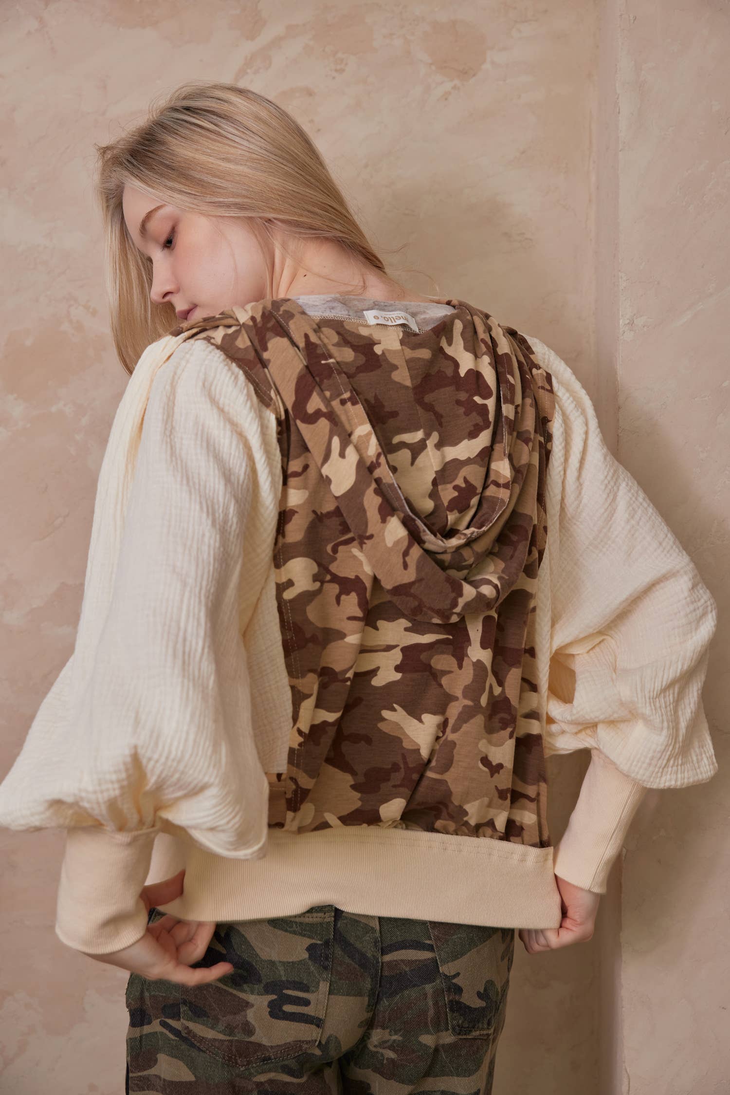 Brown Camo Camouflage Hoodie Top with Balloon Sleeves for wholesale on Faire4