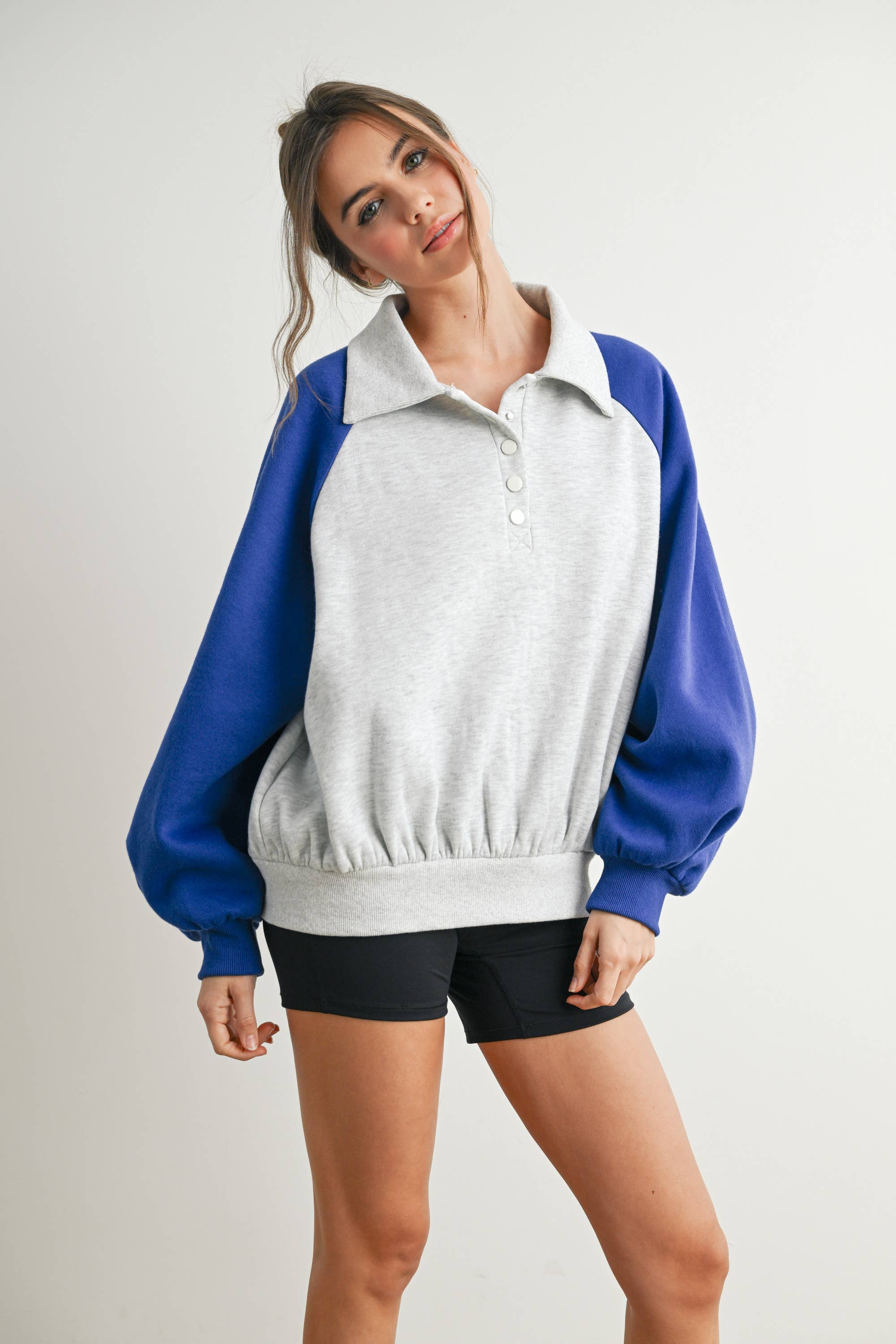 BUTTERMELON - Wholesale Sweatshirt - Women's - Color Block Classic Polo Sweatshirt - BMT758819