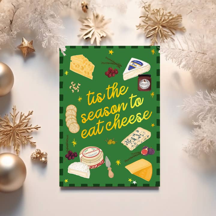 Tis the Season To Eat Cheese Gold Foil Christmas Card for wholesale by by Rosybum