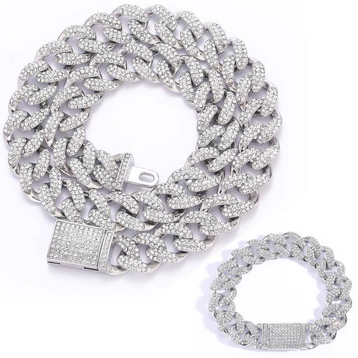 Miami 3-Row Stone Necklace & Bracelet Set (15mm, Silver) for wholesale by EMESLY