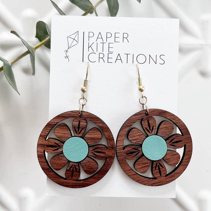 Natural Wood and Turquoise Flower Dangle for wholesale by Paper Kite Creations