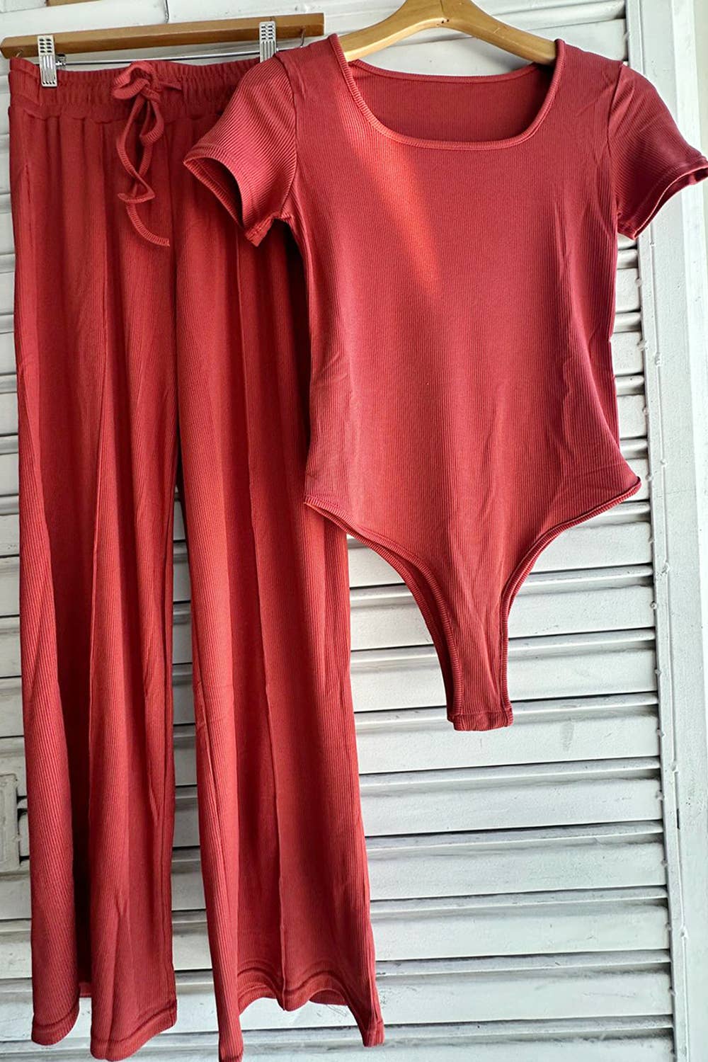 Color 5 - Wholesale Top & Pant Set (NOT Loungewear) - Women's - Slinky short sleeve body suit with flare pants fashion set24