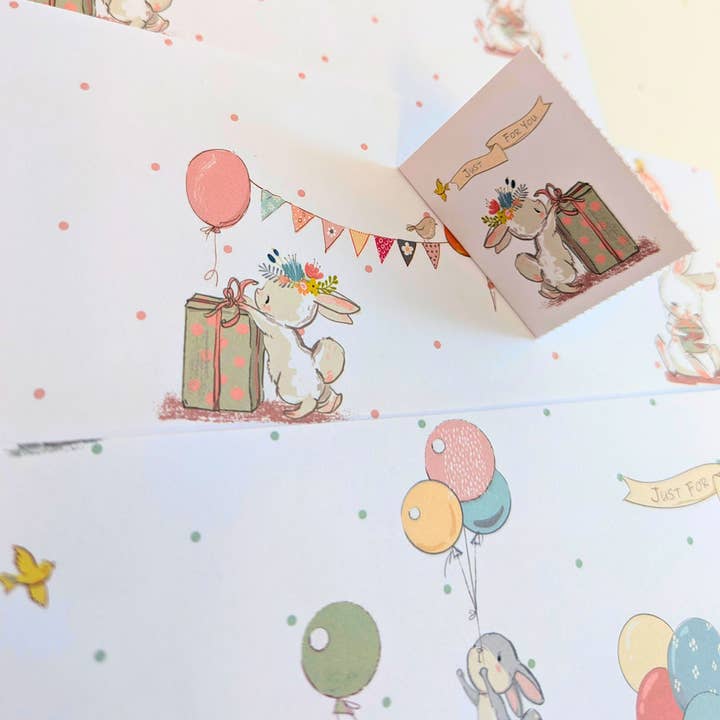 8 Gift Wrapping Paper & 10 Gift tags Vintage Tea party Bunny for wholesale by Gifting Studio Ltd