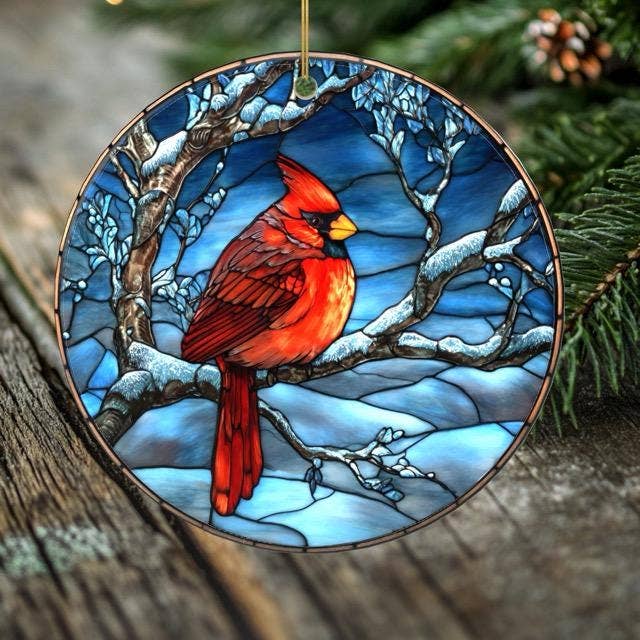 Peeping Tom's Cottage - Wholesale Ornament - Cardinal Christmas Ornament – Porcelain Stained Glass Look – Double Sided – Sold Individually or as Set of 74