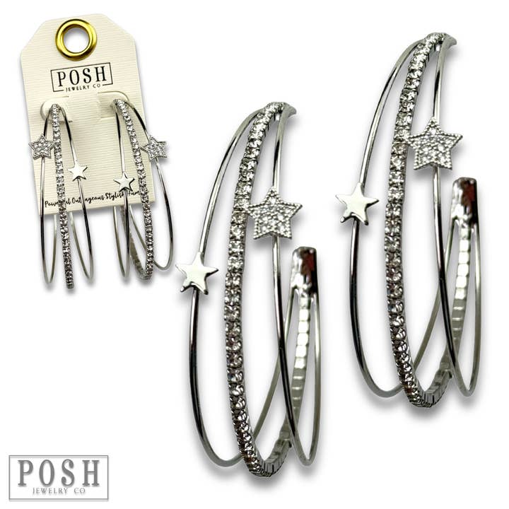 Triple hoop rhinestone and star earring, last call for wholesale by Pink Panache Brands
