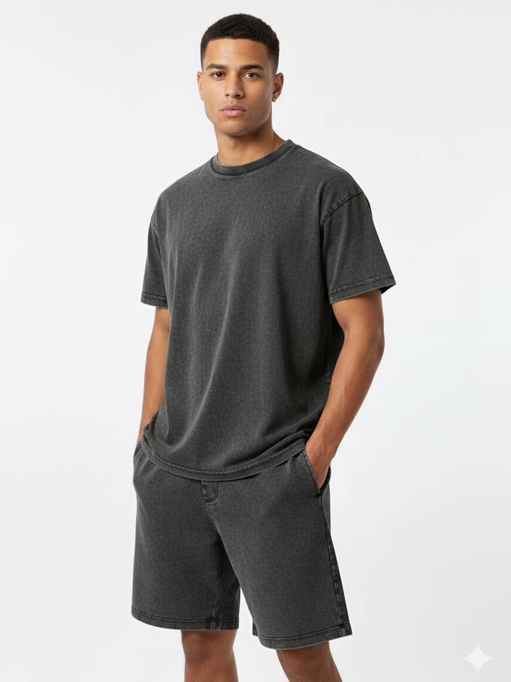 Acid Washed Cotton T-Shirt & Shorts Set for wholesale by TJ Clothing NY