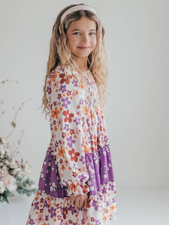 Oopsie Daisy - Wholesale Dress - Kids - Girls Grace Lavender Flower 3 Tiered Smocked Fall Dress5