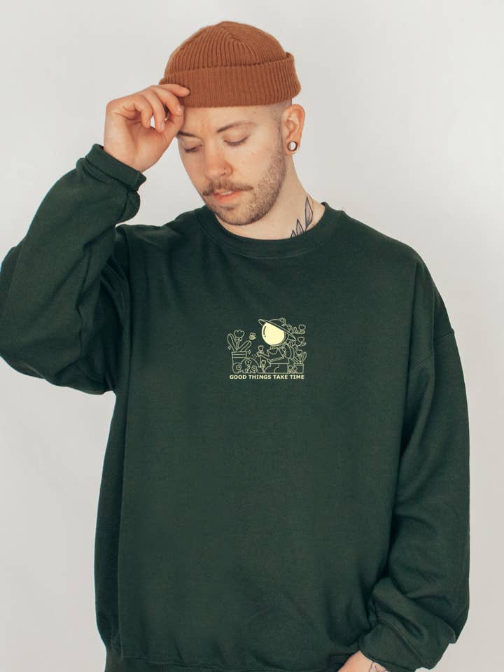 FOREST GREEN Good Things Take Time – Plant Lover Embroidered Sweatshirt for wholesale on Faire6