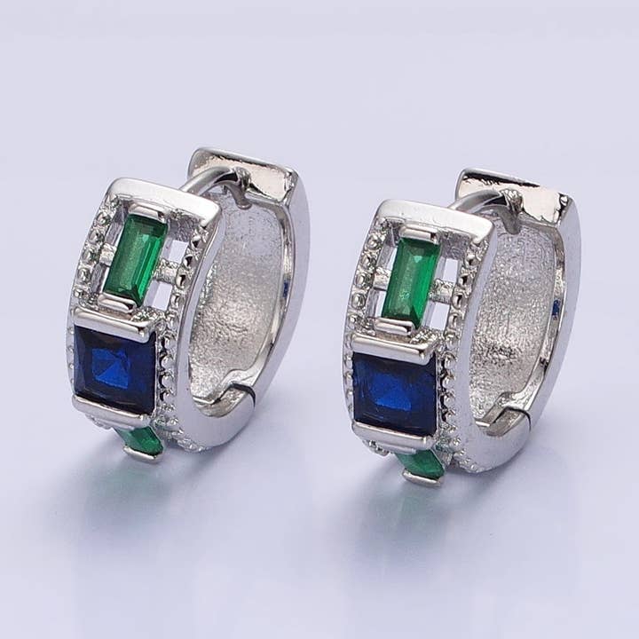 Silver, Gold Green Baguette Blue Square CZ Lined Wide 13.5mm Huggie Earrings | AB804 AB822 for wholesale by Aim Eternal
