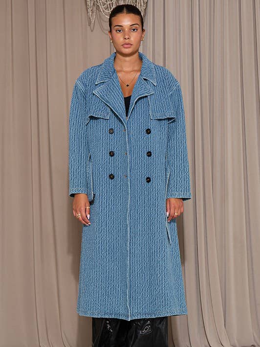 Medium Wash LT70715B TEXTURED DENIM WAIST BELTED TRENCH COAT for wholesale on Faire0