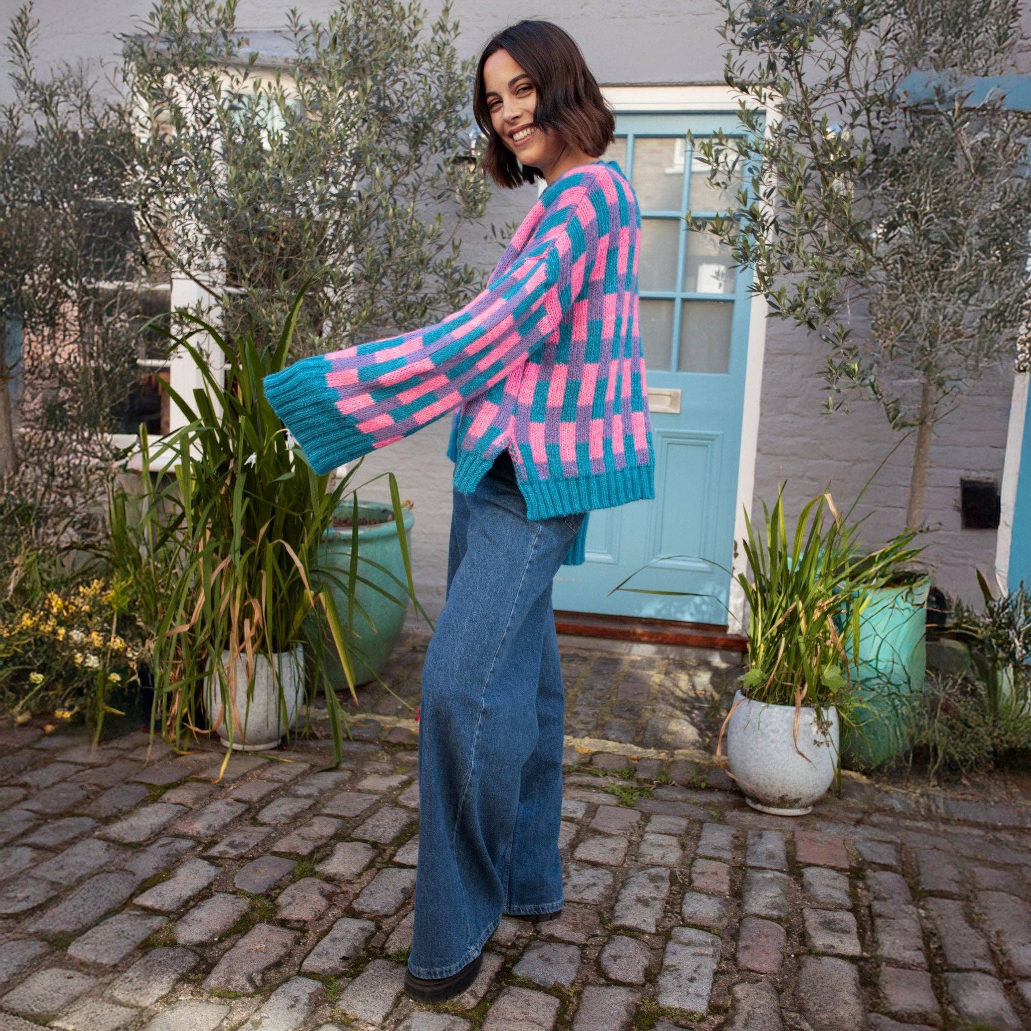 Cara & The Sky - Vendita all'ingrosso Maglione tricot - Donna - Maglione a Maglia con Ampie Maniche a Motivo Geometrico Charlotte - Teal10