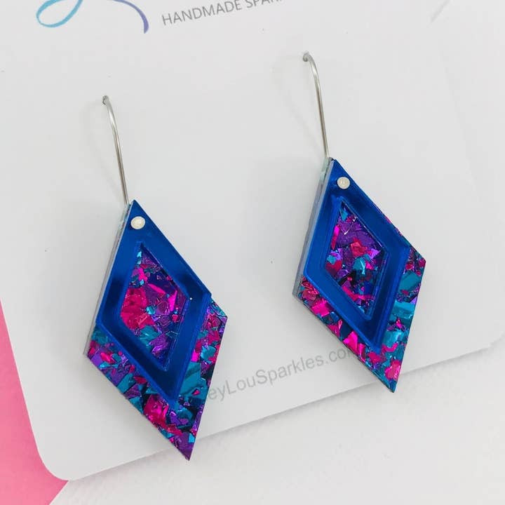 Midnight Blue Diamond Dangle Acrylic Earrings for wholesale by Lacey Lou Sparkles