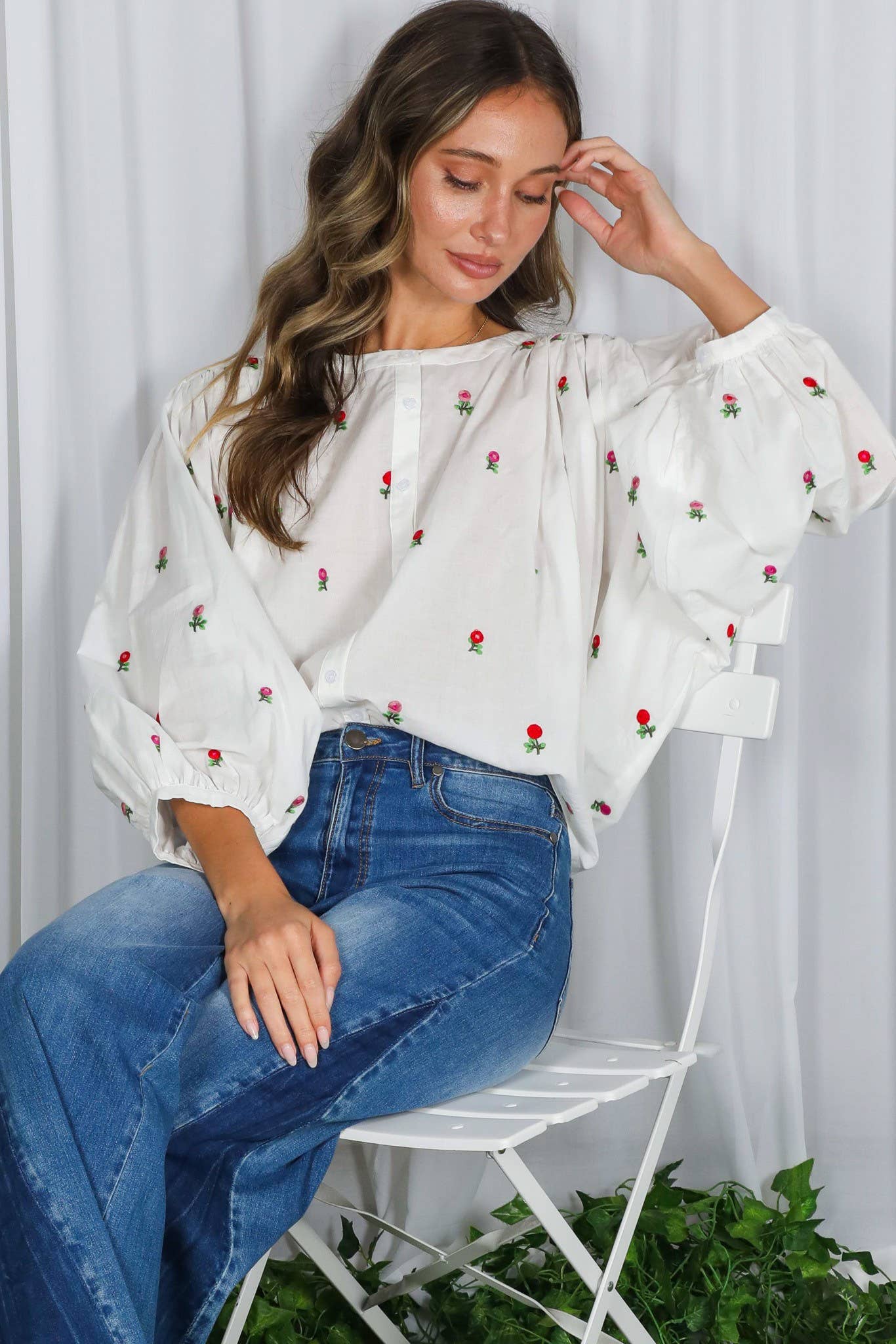 Off White English Ross Embroidered Draped 3/4 Sleeve Blouse VT82897 for wholesale on Faire6