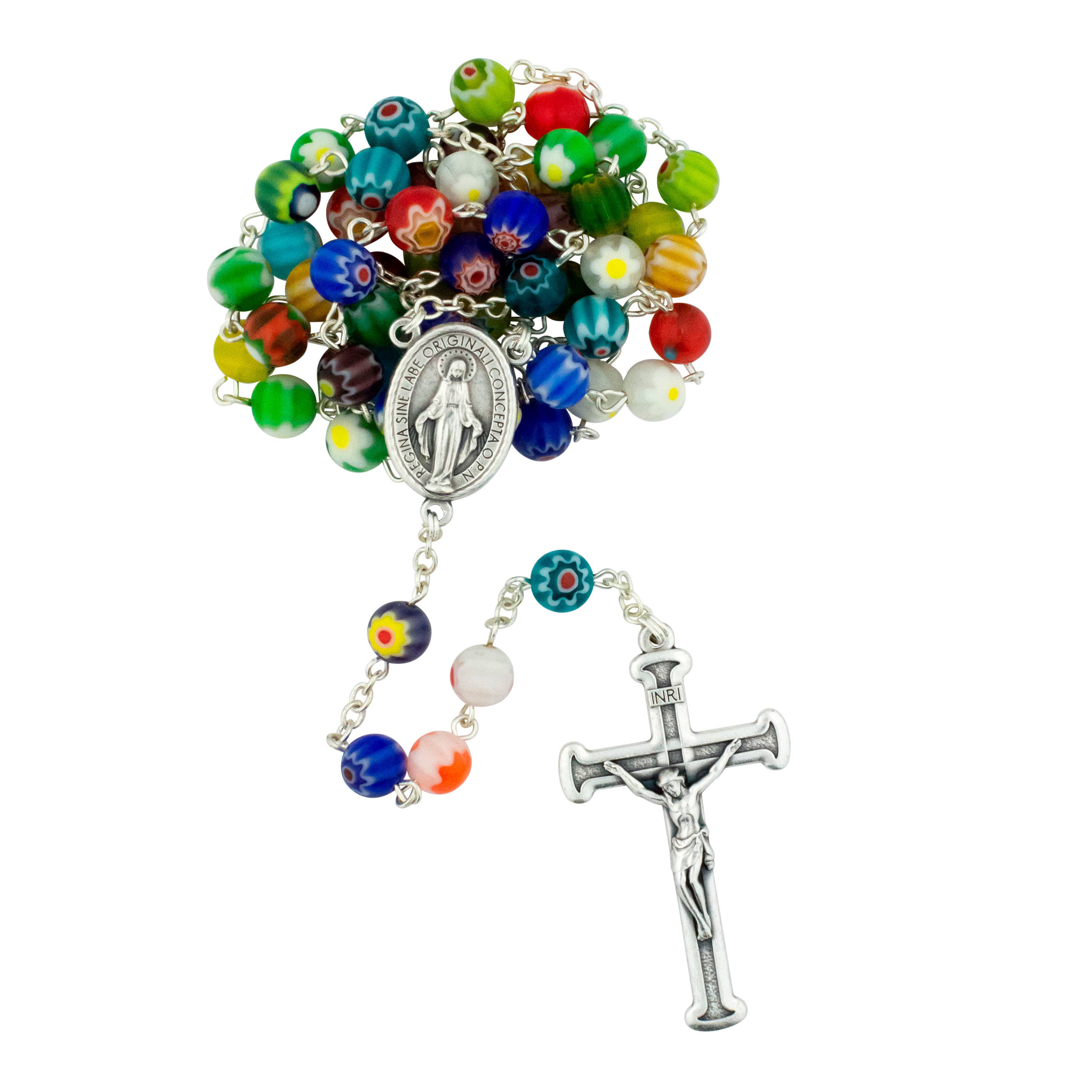 Village Gift Importers - Wholesale Prayer Beads Necklace - Colorful Glass Rosary Beads with Miraculous Medal Center0