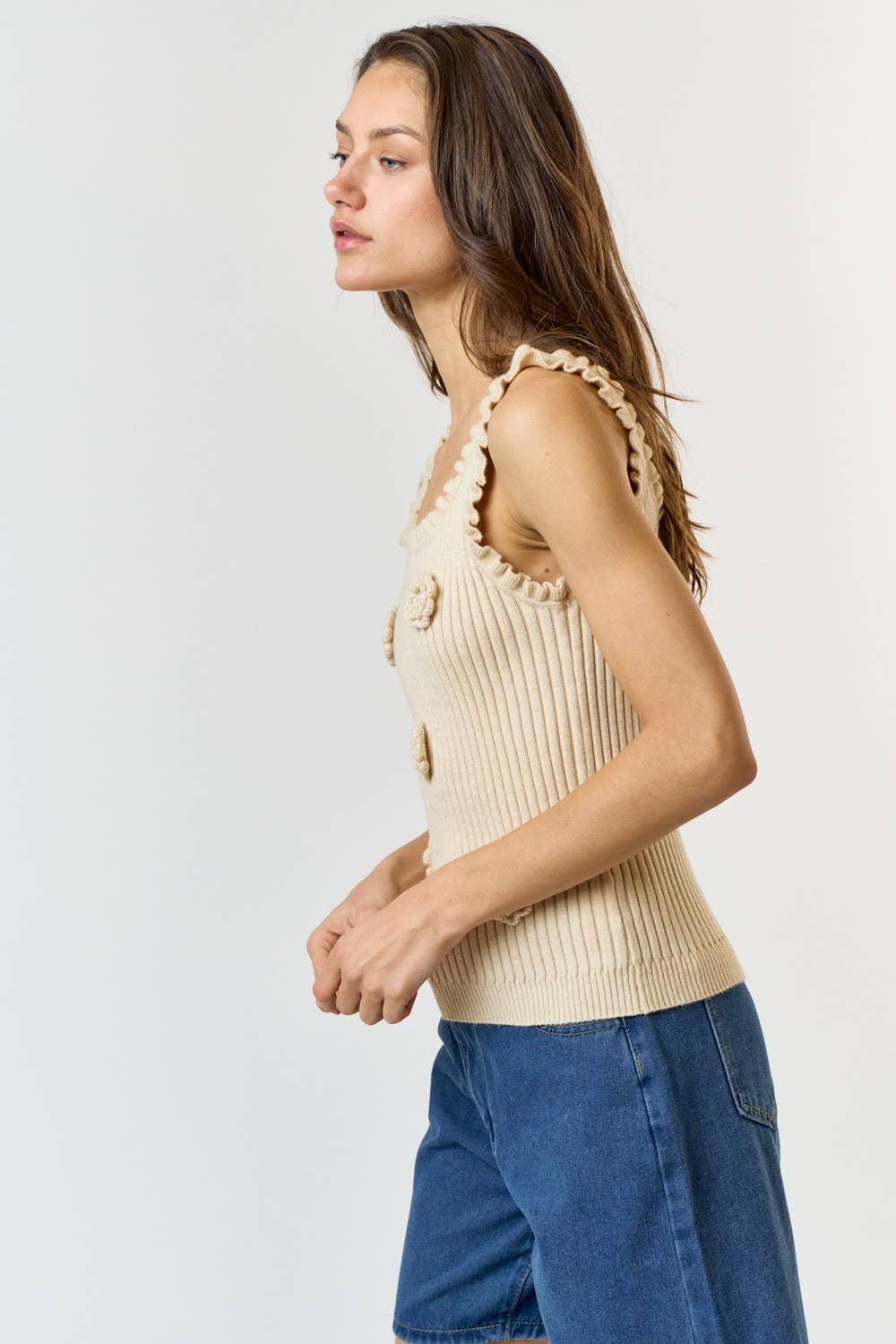 Lalavon - Wholesale Knit Top - Women's - ILT3740 3D Crochet Flower And Ruffled Hem Knit Tank Top 3