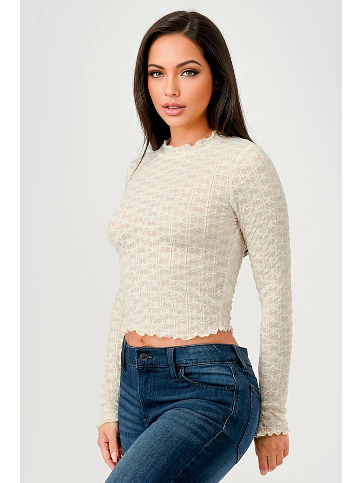 REDFINCH APPAREL INC – Großhandel Strickoberteil – Damen – Damenoberteil mit Salatbesatz, Stehkragen und langen Ärmeln aus Mesh.1