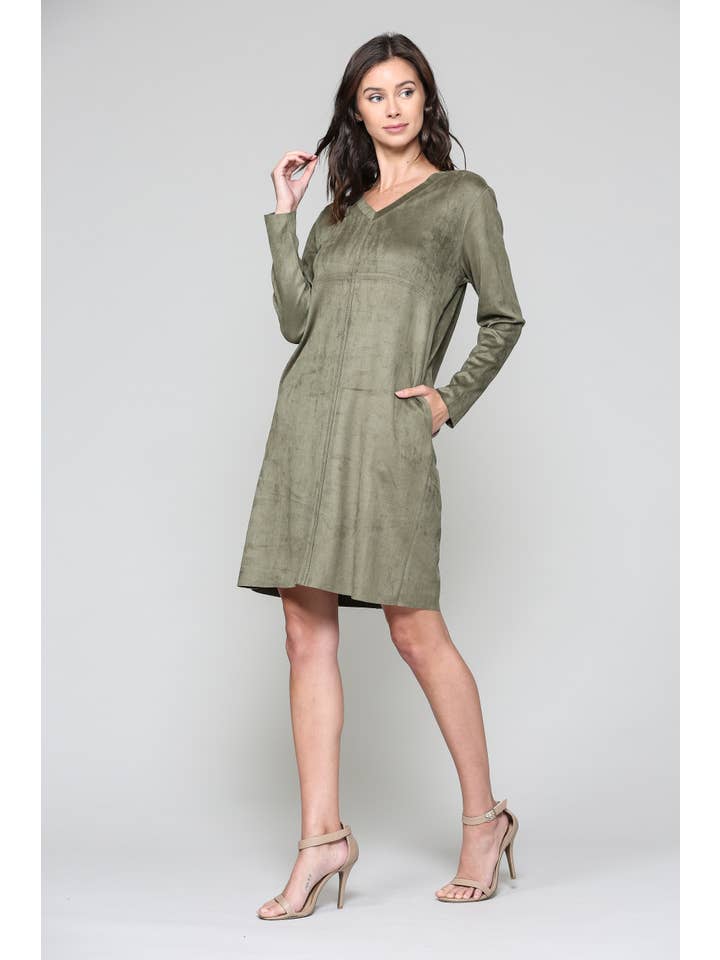 Joh Apparel – wholesale Dress – Women's – Aurora Stretch V-Neck Suede Dress with Pockets