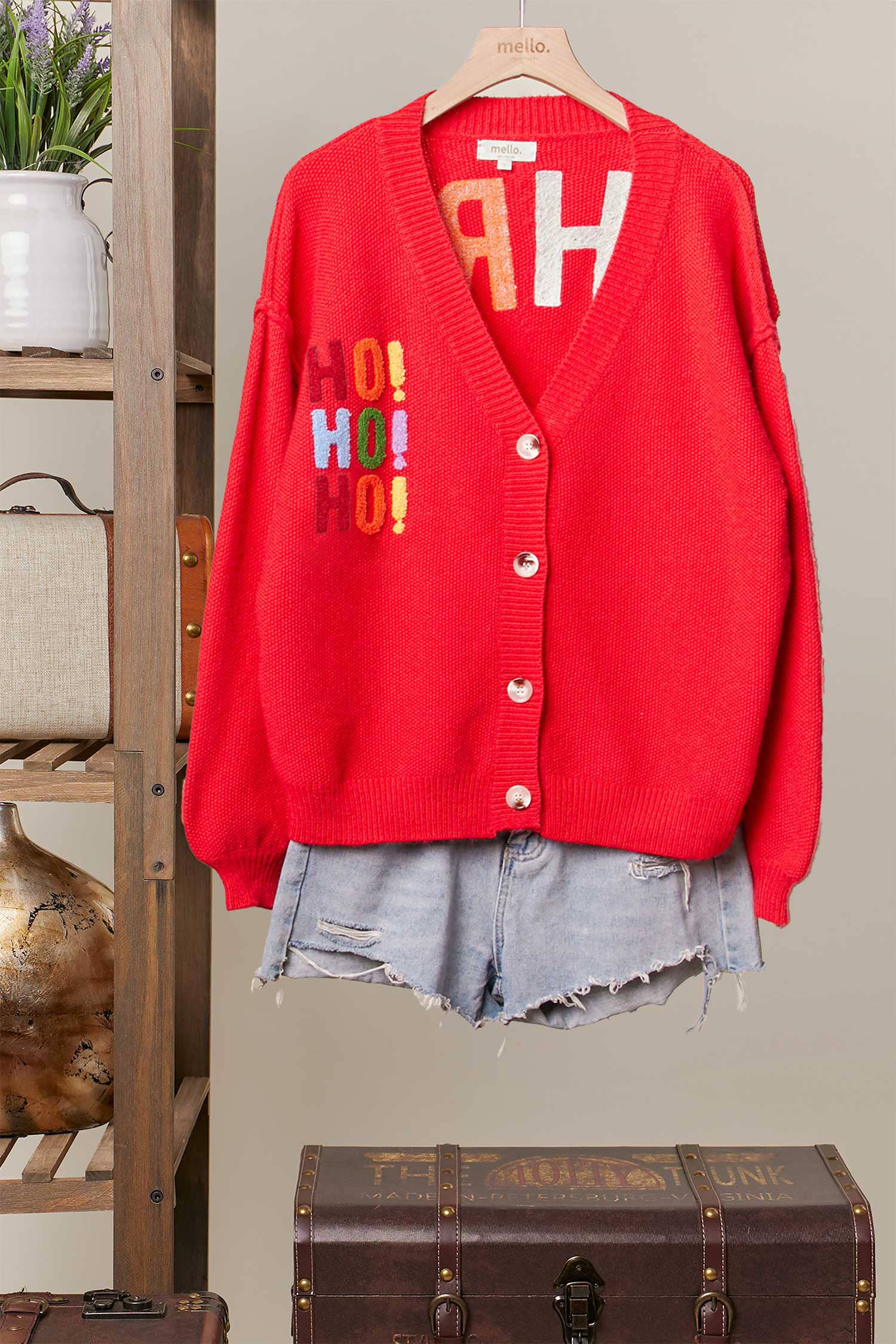 Mello. - Wholesale Cardigan - Women's - Christmas Lettering Patchwork V Neck Cardigan5