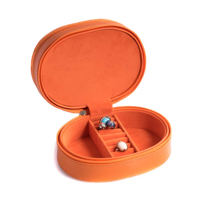 BeyBerk International - Vente Boîte/rangement à bijoux - Boîte à bijoux orange en cuir « Lizard » à deux niveaux avec miroir0
