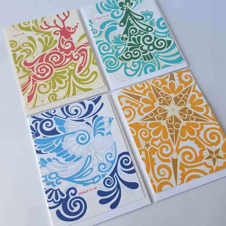 Little Green - Wholesale Christmas Card - Folk Art Swirl Christmas Greeting Card Set of 82