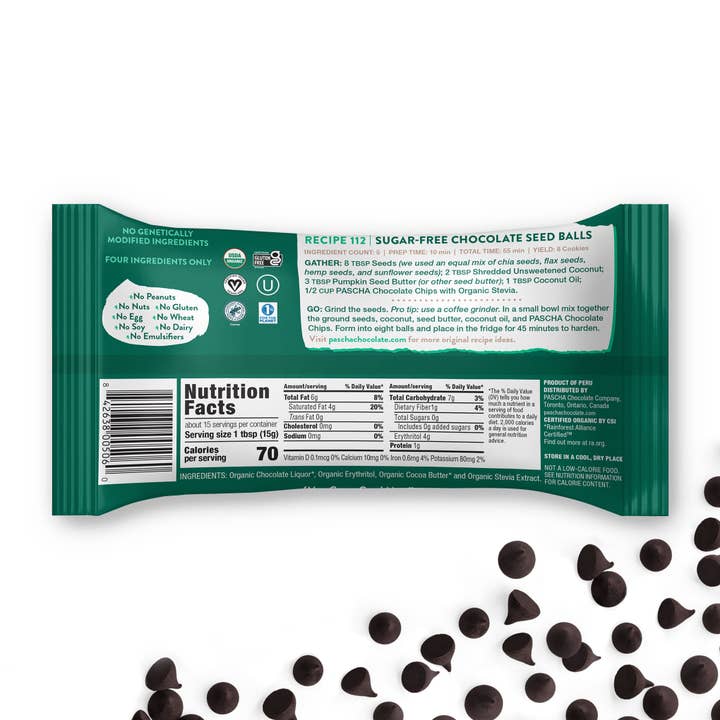 Pascha Chocolate Company - Wholesale Baking Chocolate - 70% Cacao Organic Vegan Dark Chocolate Chips with Stevia