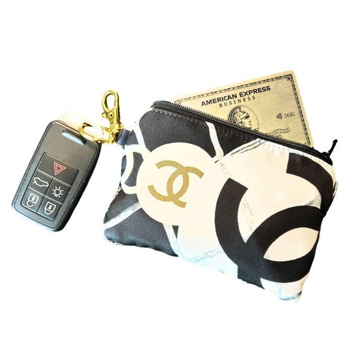 Chanel CC Logo Camellia Noir Vintage Silk Scarf Keychain Bag for wholesale by Vintage Luxe Up