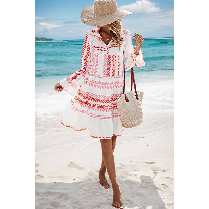 WHITE Allover Print Ruffle Button Trim Loose Dress for wholesale on Faire