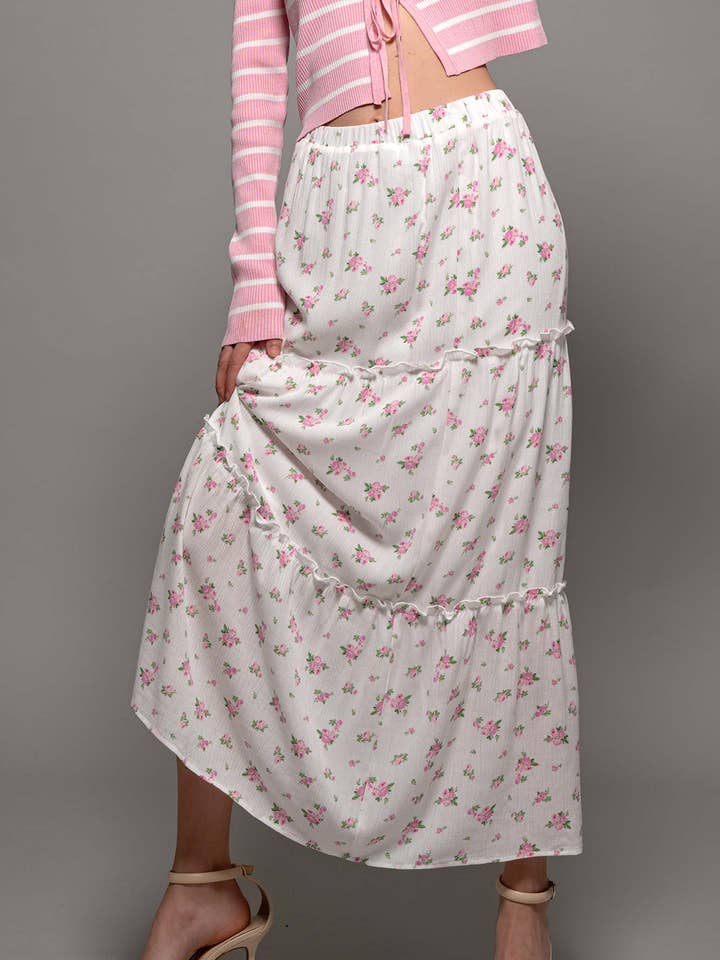 Urban Daizy - Wholesale Skirt - Women's - Rose Print Triple-Tier Ruffle Linen Blend Skirt