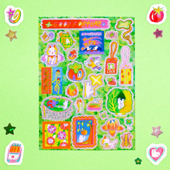 Feuille d'autocollants pailletés A6 'Bonne Fortune' pour la vente par Odd Rabbits