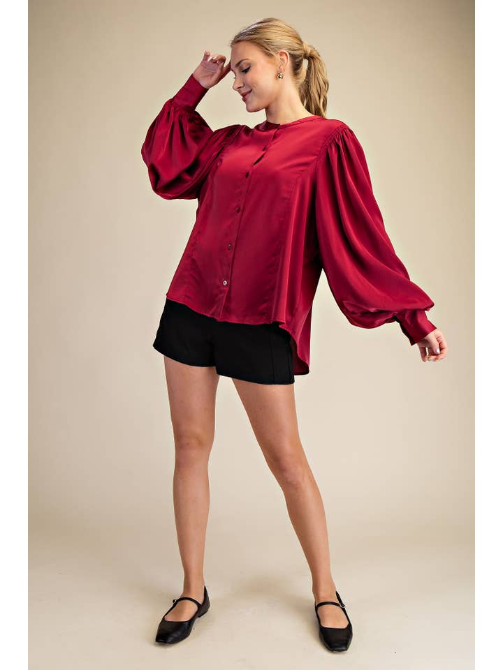 Glam - Wholesale Blouse - Women's - Round Neck Button Down Puff Long Sleeve Satin Top11